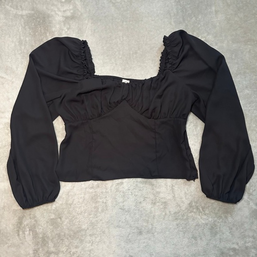 Abound Peasant Top Sz L Black Blouse Square Neck Ruched‎ Puff Sleeve Cottagecore - Picture 11 of 13